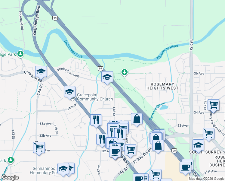 map of restaurants, bars, coffee shops, grocery stores, and more near 3491 148 Street in Surrey