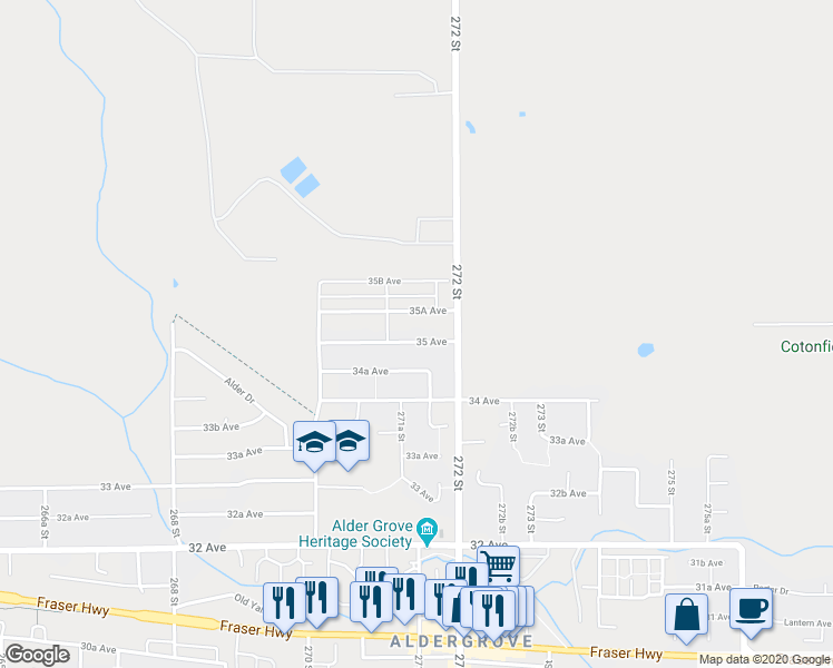 map of restaurants, bars, coffee shops, grocery stores, and more near 27155 35 Avenue in Langley Township