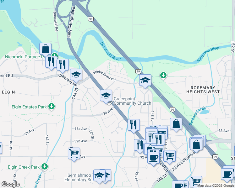 map of restaurants, bars, coffee shops, grocery stores, and more near 3545 146A Street in Surrey