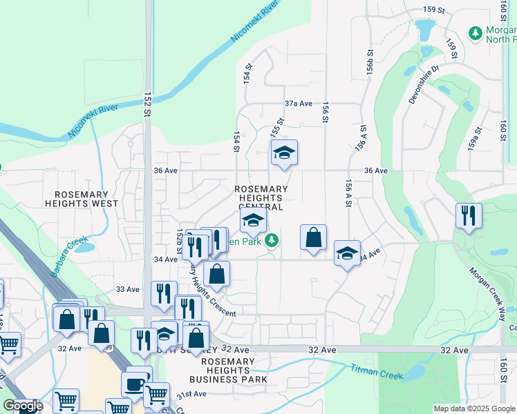 map of restaurants, bars, coffee shops, grocery stores, and more near 3525 Rosemary Heights Drive in Surrey
