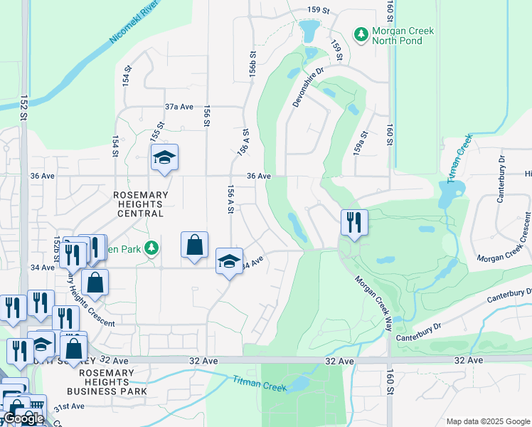 map of restaurants, bars, coffee shops, grocery stores, and more near 15715 34 Avenue in Surrey