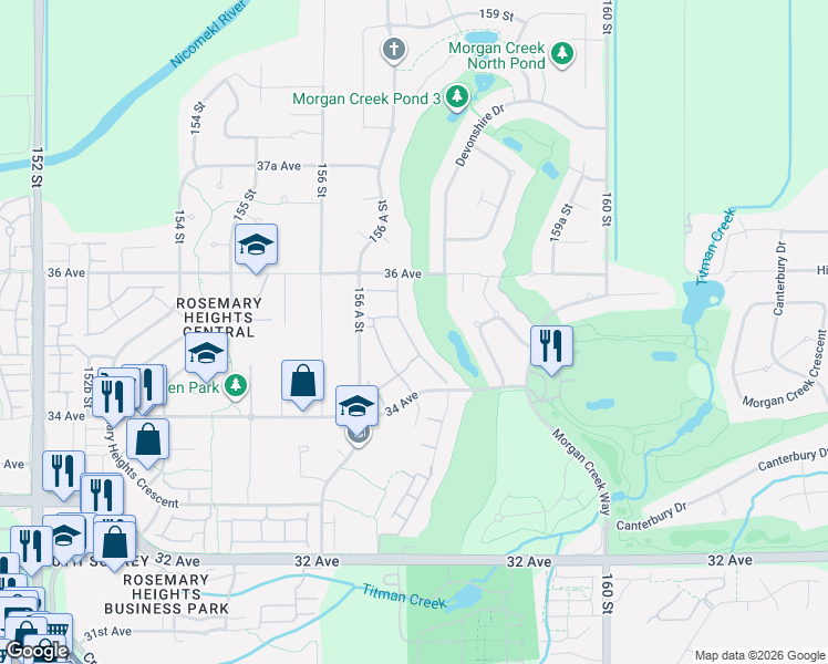 map of restaurants, bars, coffee shops, grocery stores, and more near 15715 34 Avenue in Surrey