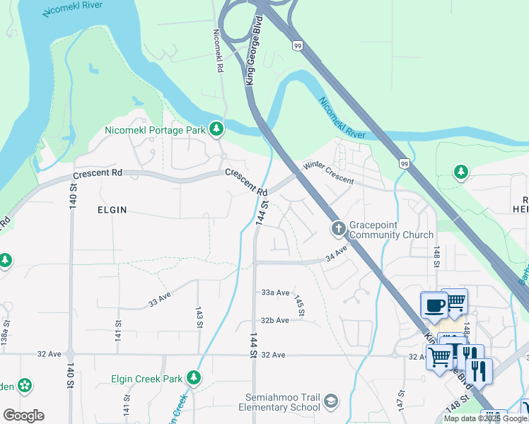 map of restaurants, bars, coffee shops, grocery stores, and more near 3523 144 Street in Surrey