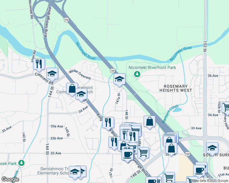 map of restaurants, bars, coffee shops, grocery stores, and more near 3495 147A Street in Surrey