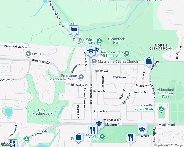 map of restaurants, bars, coffee shops, grocery stores, and more near 3520 Clearbrook Road in Abbotsford