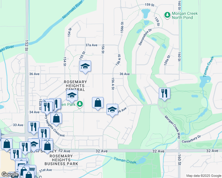 map of restaurants, bars, coffee shops, grocery stores, and more near 3529 156 A Street in Surrey