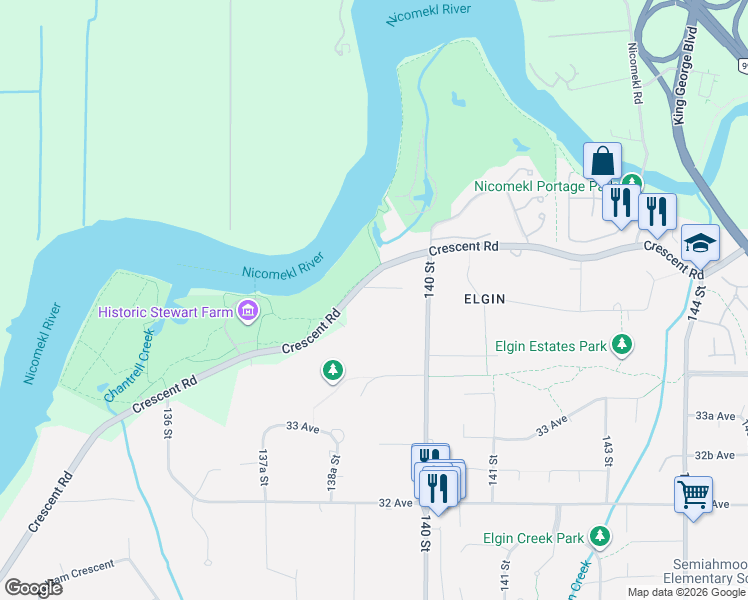 map of restaurants, bars, coffee shops, grocery stores, and more near 13928 35A Avenue in Surrey