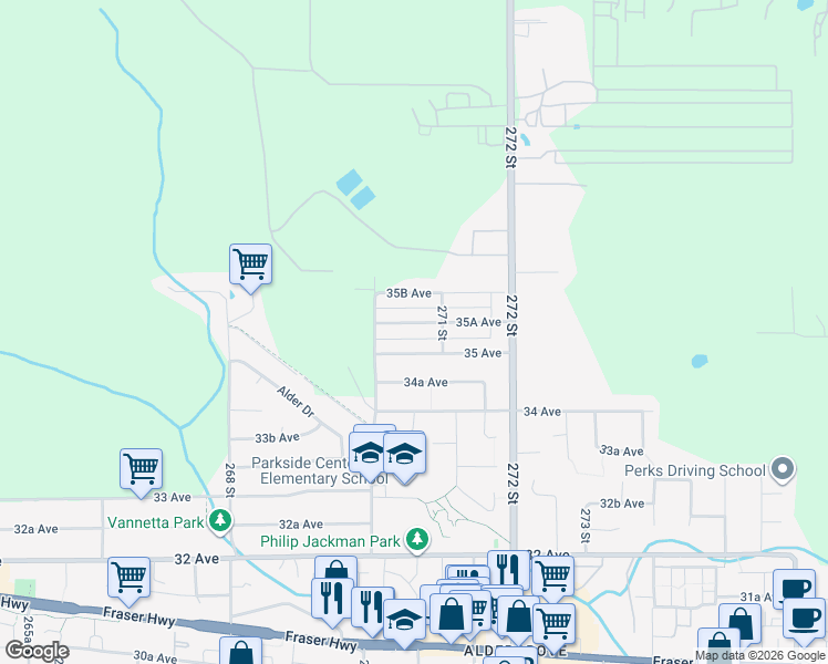 map of restaurants, bars, coffee shops, grocery stores, and more near 27054 35A Avenue in Langley Township
