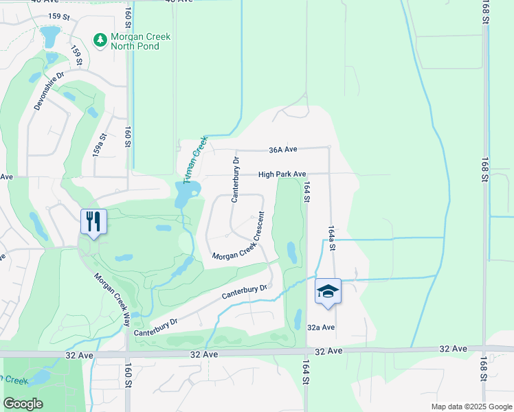 map of restaurants, bars, coffee shops, grocery stores, and more near 16338 Morgan Creek Crescent in Surrey