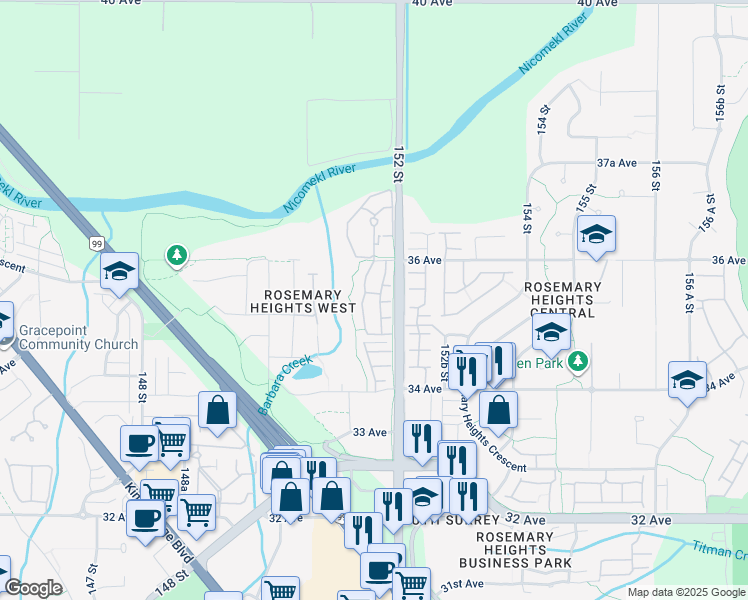 map of restaurants, bars, coffee shops, grocery stores, and more near 15168 36 Avenue in Surrey