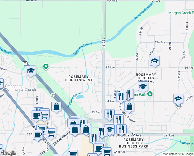 map of restaurants, bars, coffee shops, grocery stores, and more near 15168 36 Avenue in Surrey