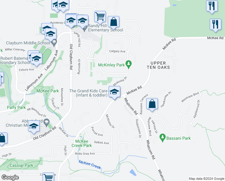 map of restaurants, bars, coffee shops, grocery stores, and more near 3542 McKinley Drive in Abbotsford