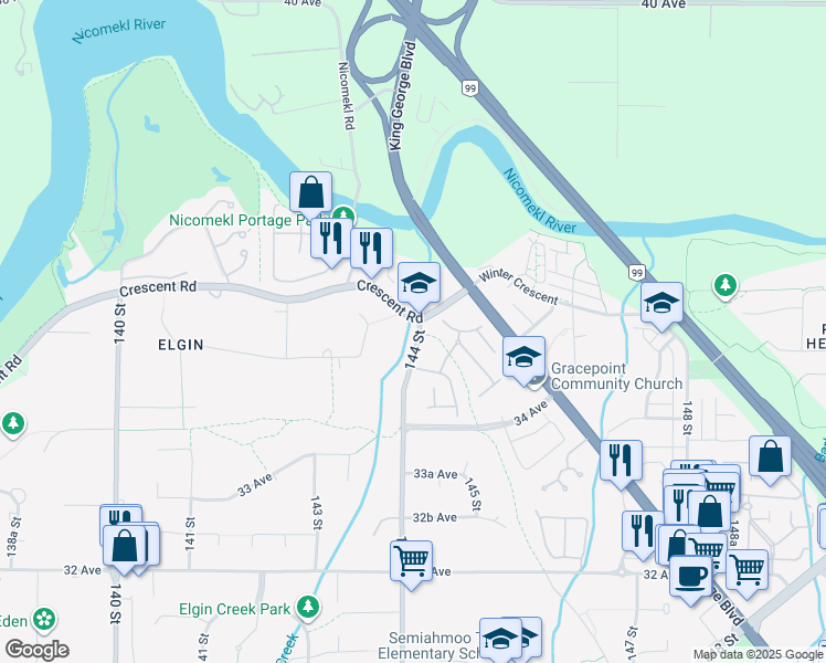 map of restaurants, bars, coffee shops, grocery stores, and more near 3523 144 Street in Surrey