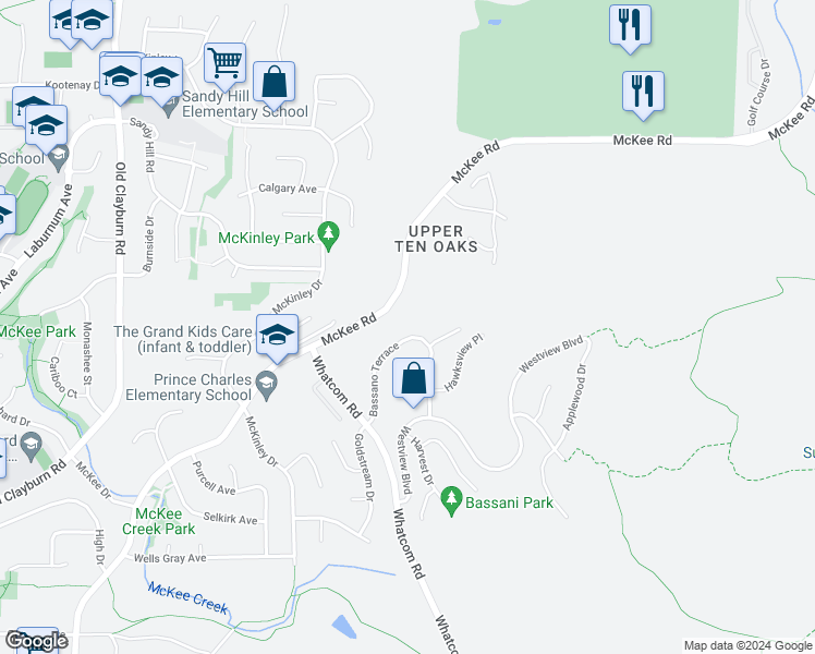 map of restaurants, bars, coffee shops, grocery stores, and more near 3512 Bassano Terrace in Abbotsford