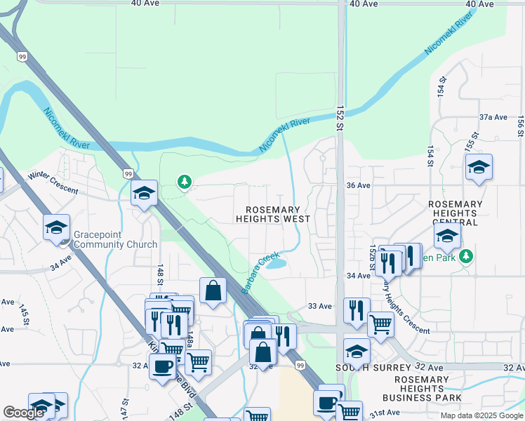map of restaurants, bars, coffee shops, grocery stores, and more near 3531 150 A Street in Surrey