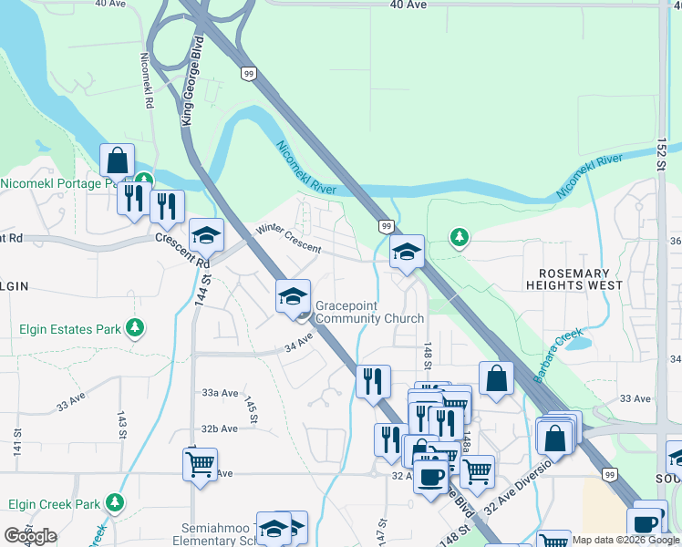 map of restaurants, bars, coffee shops, grocery stores, and more near 3556 146A Street in Surrey