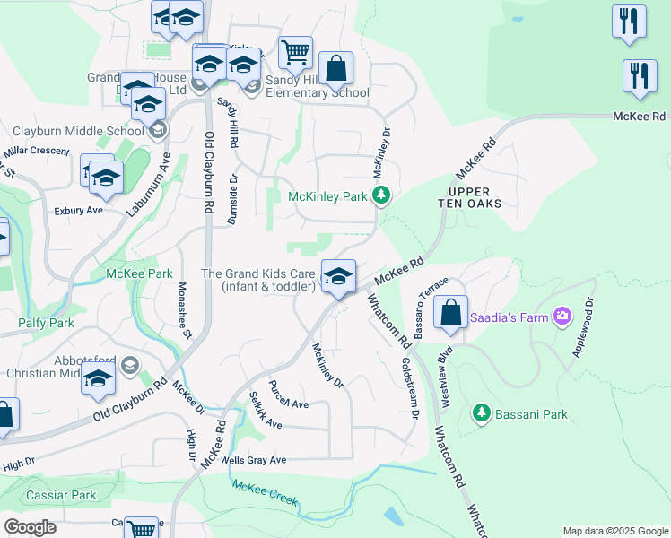map of restaurants, bars, coffee shops, grocery stores, and more near 3550 McKinley Drive in Abbotsford