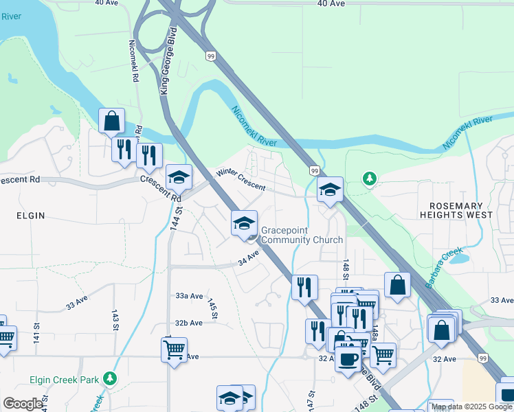 map of restaurants, bars, coffee shops, grocery stores, and more near 3550 King George Boulevard in Surrey