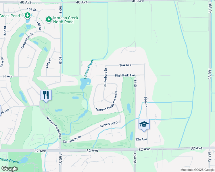 map of restaurants, bars, coffee shops, grocery stores, and more near 16258 Morgan Creek Crescent in Surrey