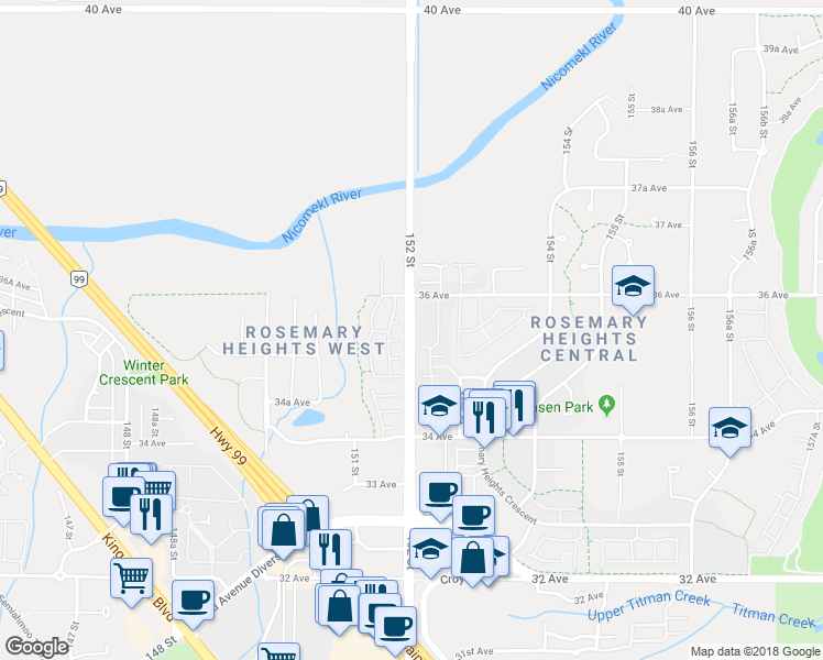 map of restaurants, bars, coffee shops, grocery stores, and more near 3556 152 Street in Surrey
