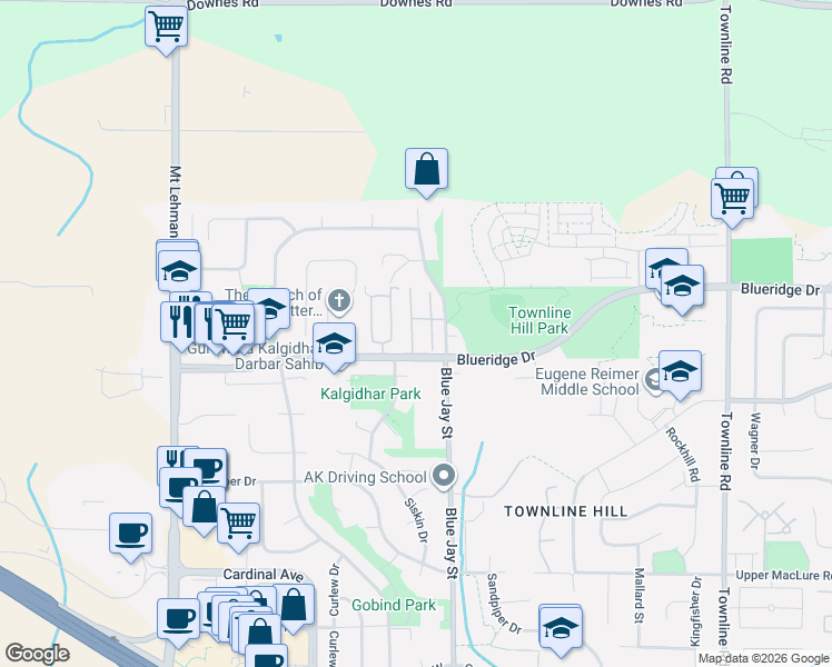 map of restaurants, bars, coffee shops, grocery stores, and more near 2-3555 Blue Jay Street in Abbotsford