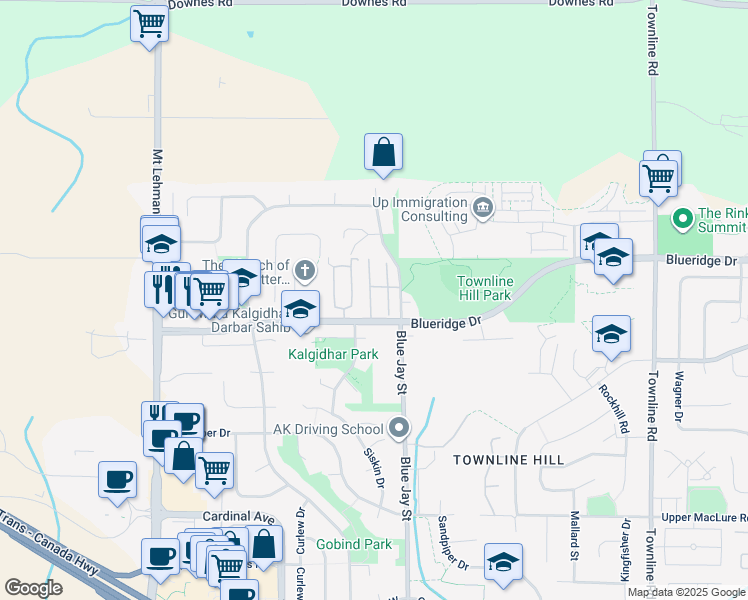 map of restaurants, bars, coffee shops, grocery stores, and more near 3555 Blue Jay Street in Abbotsford