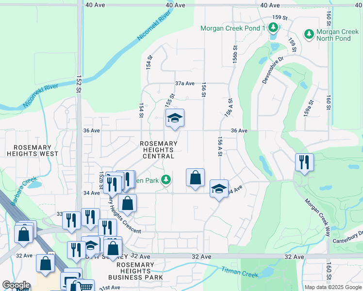 map of restaurants, bars, coffee shops, grocery stores, and more near 3558 155A Street in Surrey
