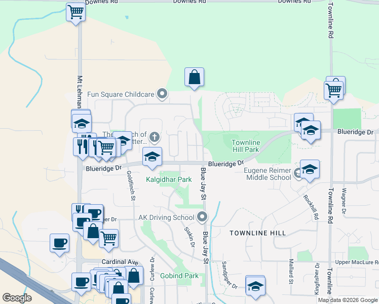 map of restaurants, bars, coffee shops, grocery stores, and more near 3555 Blue Jay Street in Abbotsford