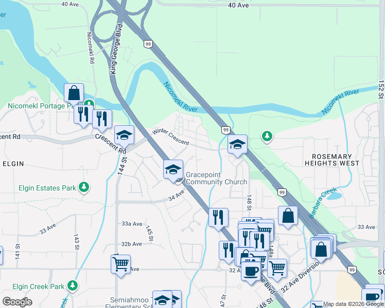 map of restaurants, bars, coffee shops, grocery stores, and more near 3585 146A Street in Surrey
