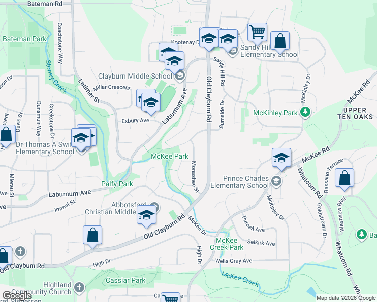 map of restaurants, bars, coffee shops, grocery stores, and more near 3553 Monashee Street in Abbotsford