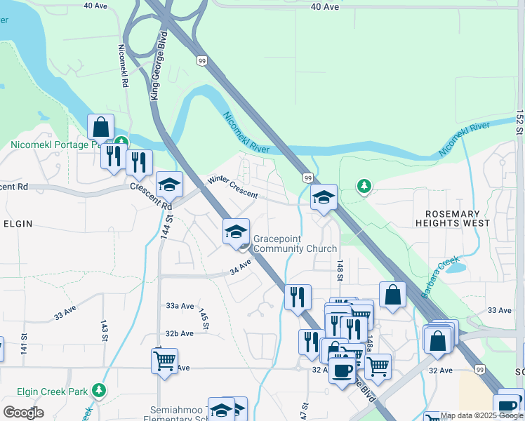 map of restaurants, bars, coffee shops, grocery stores, and more near 3585 146A Street in Surrey