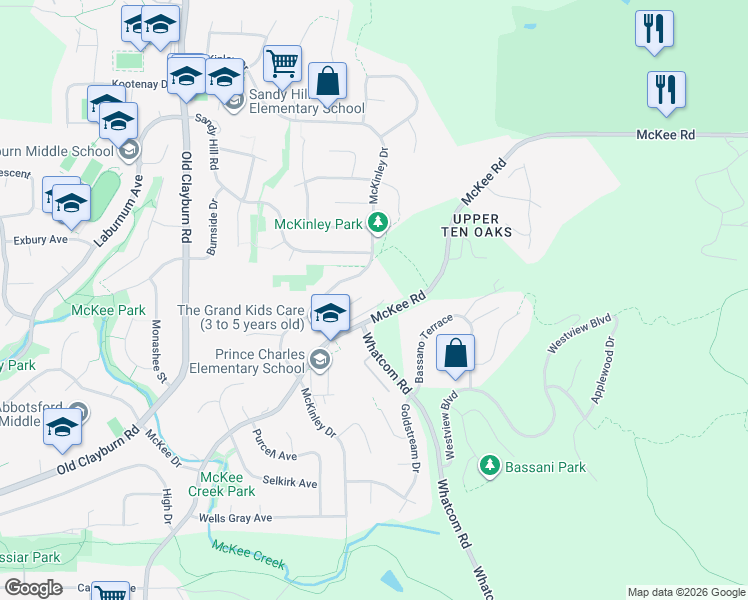 map of restaurants, bars, coffee shops, grocery stores, and more near 35511 McKee Road in Abbotsford