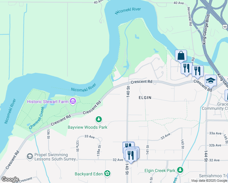map of restaurants, bars, coffee shops, grocery stores, and more near 13937 35A Avenue in Surrey
