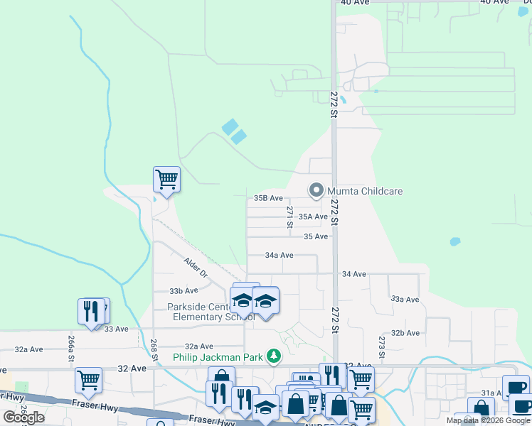 map of restaurants, bars, coffee shops, grocery stores, and more near 27047 35A Avenue in Langley Township