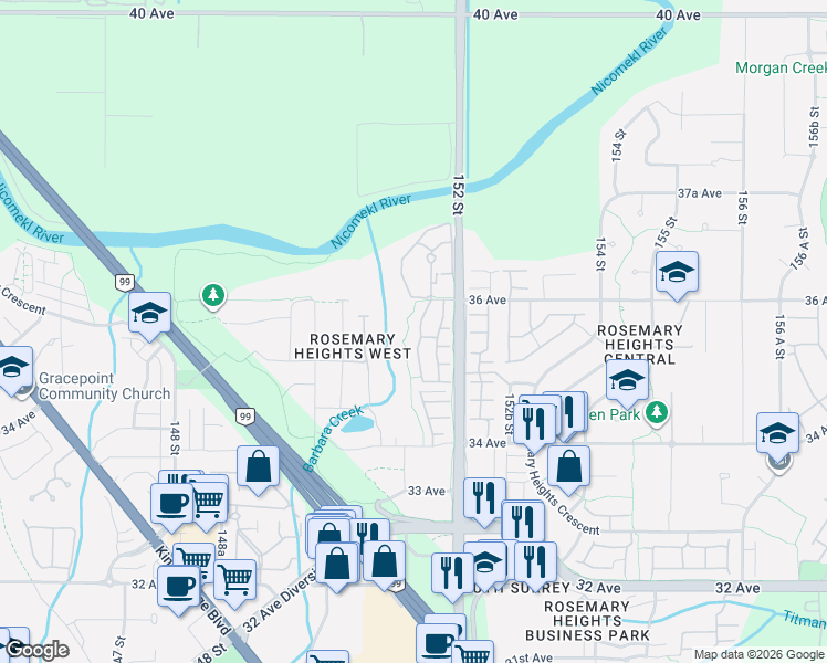 map of restaurants, bars, coffee shops, grocery stores, and more near 15168 36 Avenue in Surrey