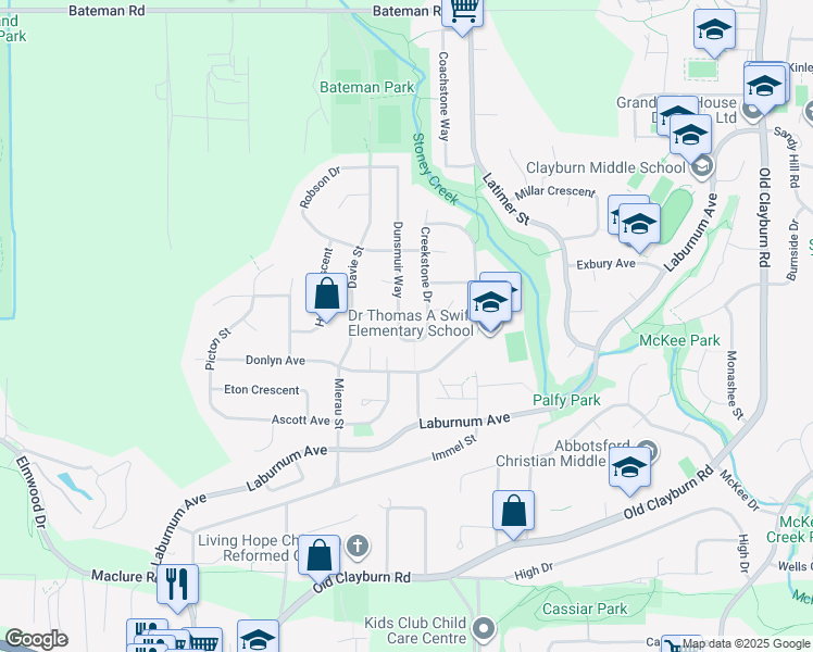 map of restaurants, bars, coffee shops, grocery stores, and more near 3556 Dunsmuir Way in Abbotsford