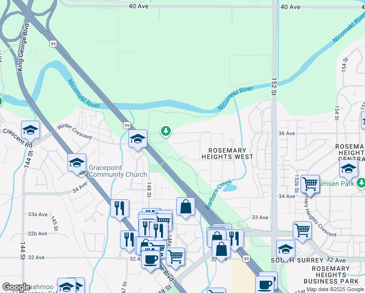 map of restaurants, bars, coffee shops, grocery stores, and more near 14902 35A Avenue in Surrey