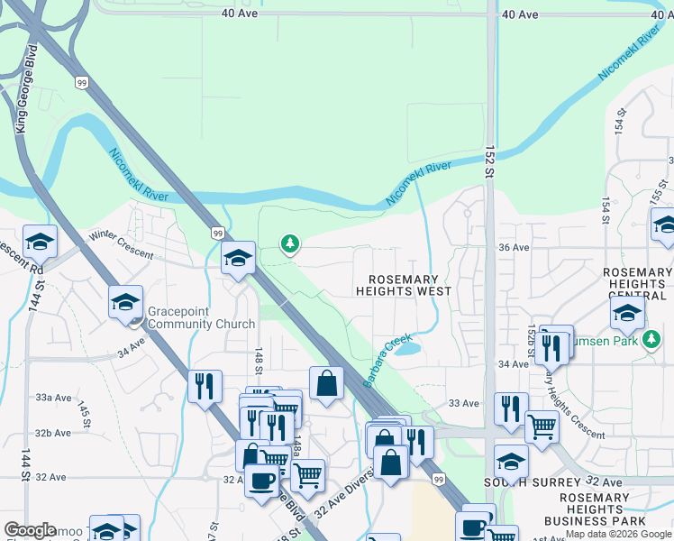 map of restaurants, bars, coffee shops, grocery stores, and more near 14932 35A Avenue in Surrey
