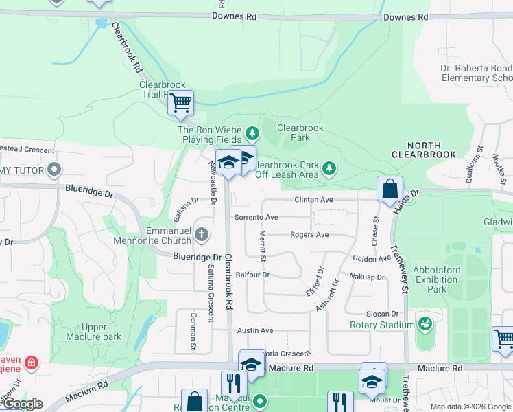 map of restaurants, bars, coffee shops, grocery stores, and more near 32069 Clinton Avenue in Abbotsford