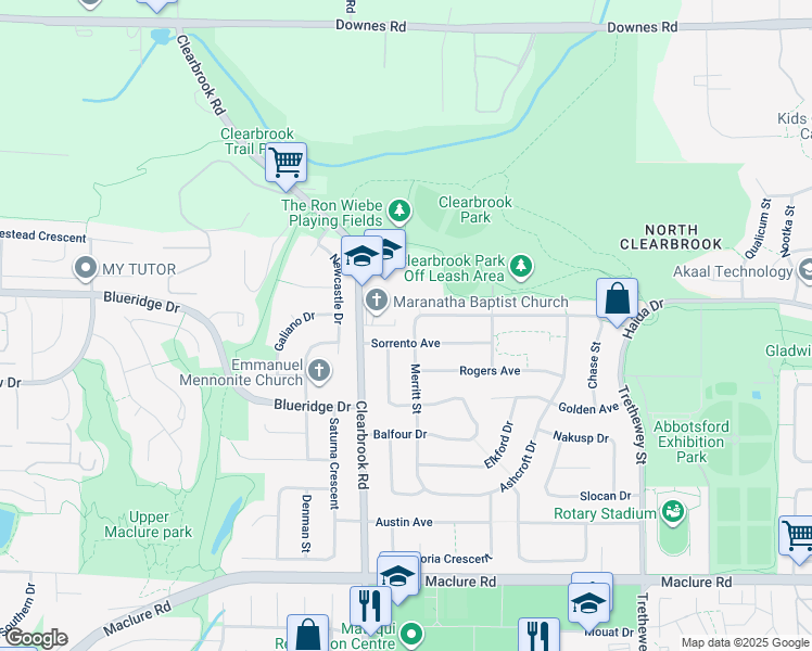 map of restaurants, bars, coffee shops, grocery stores, and more near 32069 Clinton Avenue in Abbotsford