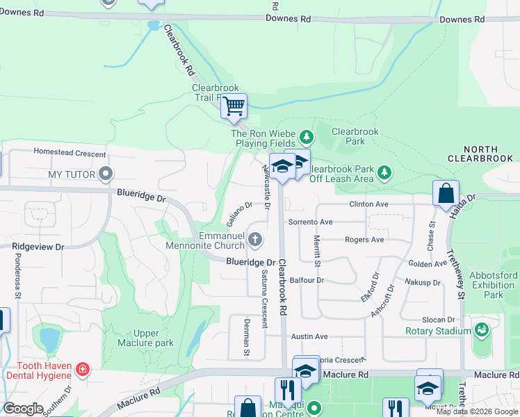 map of restaurants, bars, coffee shops, grocery stores, and more near 3542 Galiano Drive in Abbotsford