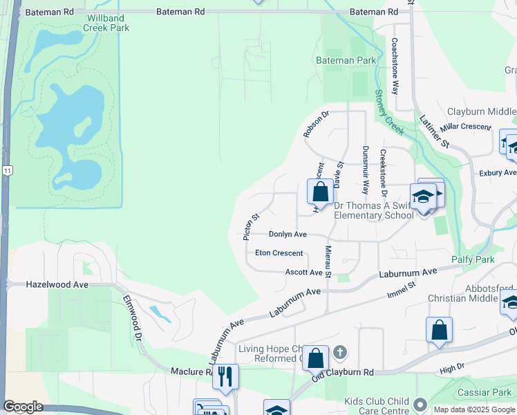 map of restaurants, bars, coffee shops, grocery stores, and more near 3561 Picton Street in Abbotsford