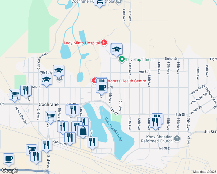 map of restaurants, bars, coffee shops, grocery stores, and more near 239 6th Street in Cochrane