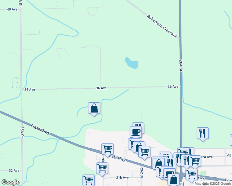 map of restaurants, bars, coffee shops, grocery stores, and more near 26070 36 Avenue in Langley Township