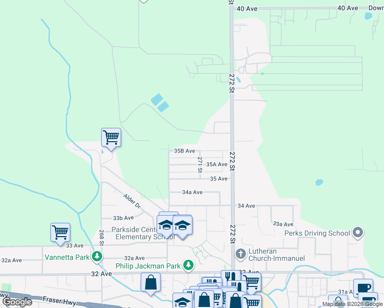 map of restaurants, bars, coffee shops, grocery stores, and more near 27072 35B Avenue in Langley Township