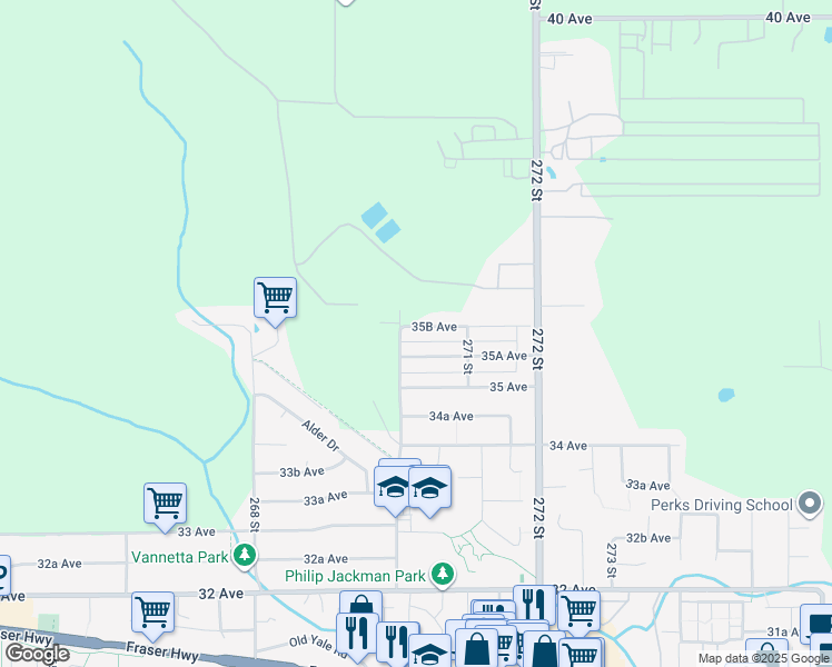 map of restaurants, bars, coffee shops, grocery stores, and more near 27032 35B Avenue in Langley Township
