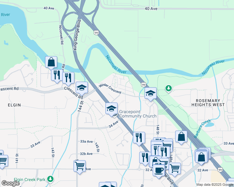map of restaurants, bars, coffee shops, grocery stores, and more near 14605 McDougall Drive in Surrey
