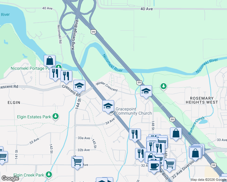 map of restaurants, bars, coffee shops, grocery stores, and more near 14605 McDougall Drive in Surrey