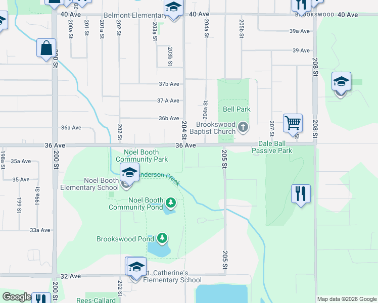 map of restaurants, bars, coffee shops, grocery stores, and more near 20450 36 Avenue in Langley