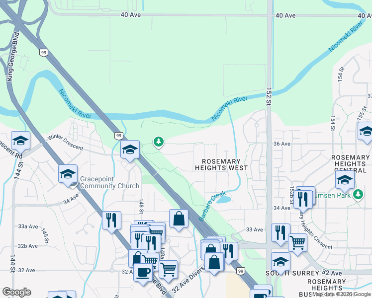map of restaurants, bars, coffee shops, grocery stores, and more near 14935 35A Avenue in Surrey